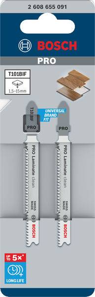 Opakowanie z dwoma brzeszczotami do wyrzynarek Bosch, typ T101BIF, do drewna i laminatu z uniwersalnym mocowaniem.