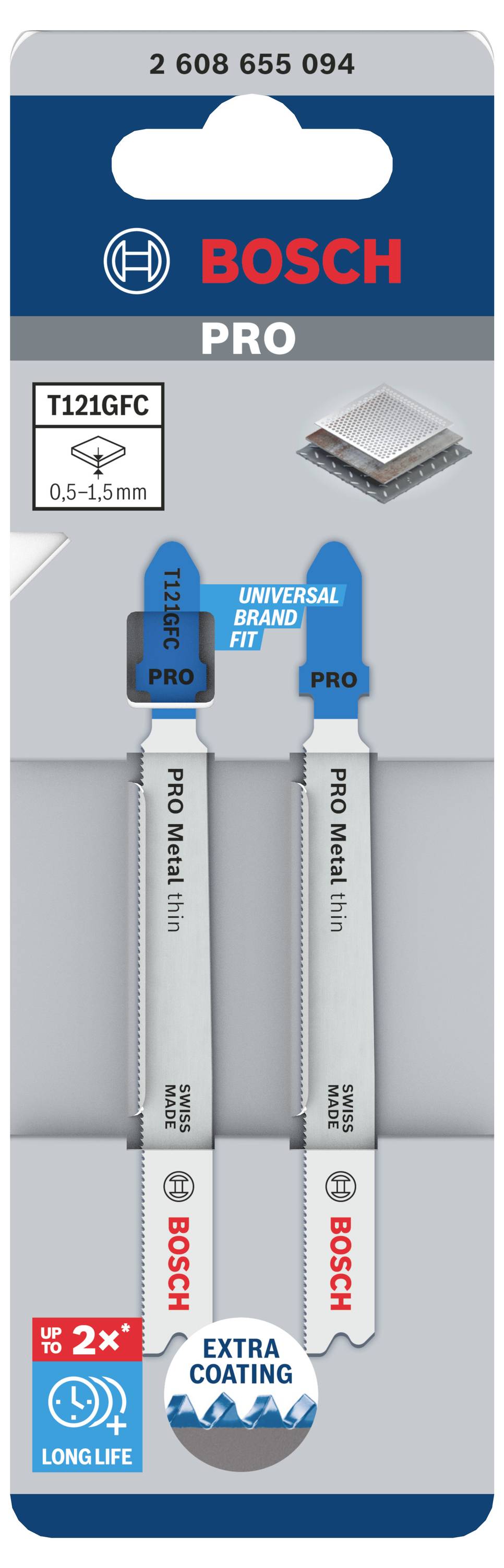 Opakowanie dwóch tarcz tnących Bosch 'PRO' do cienkiego materiału (0,5-1,5 mm). Zawiera informacje o długiej żywotności i specjalnej powłoce.