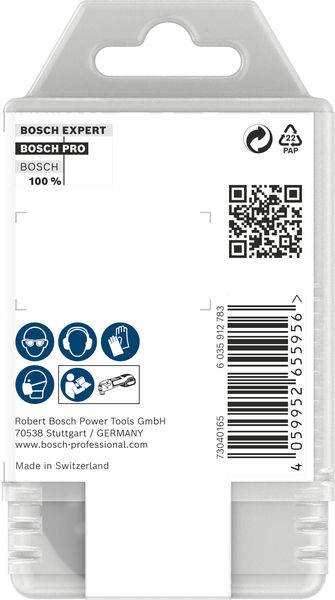 Opakowanie narzędzi Bosch Expert-Pro z kodem QR, symbolami recyklingu i informacją o pochodzeniu: Wyprodukowane w Szwajcarii.