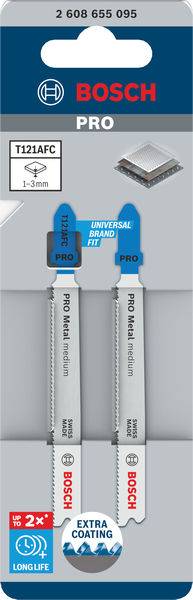 Brzeszczoty Bosch Pro T121AFC, odpowiednie do materiałów o grubości 1-3 mm, w tym z dodatkową powłoką. Wyjątkowa trwałość.