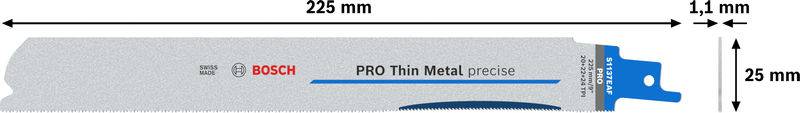 'Brzeszczot do metalu, długość 225 mm, etykieta Bosch Pro, wysokość 25 mm, szerokość 11 mm, precyzyjna jakość cięcia, kolor szary z niebieskim i czerwonym napisem.'