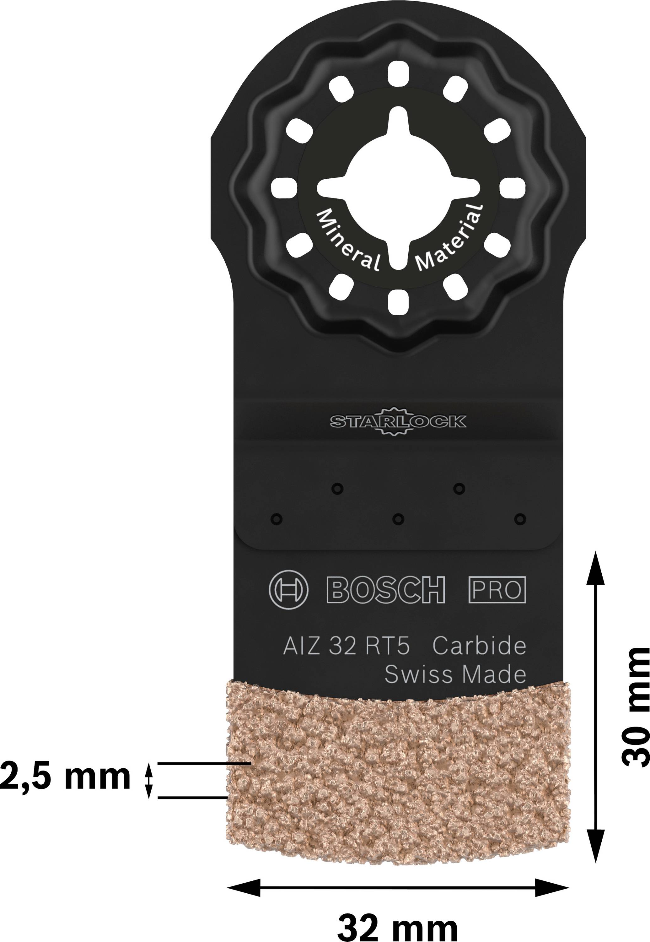 Brzeszczot Bosch do narzędzi wielofunkcyjnych, szerokość 32 mm, długość 30 mm, grubość cięcia 2,5 mm, przeznaczony do materiałów mineralnych.