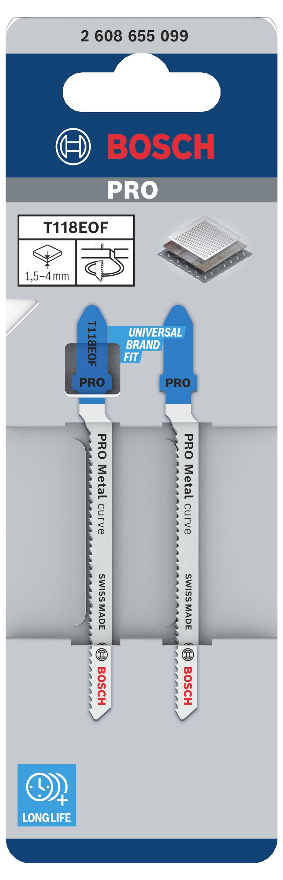 Dwa brzeszczoty do wyrzynarek Bosch PRO T118EOF w szarym opakowaniu, odpowiednie do metalu i cienkich blach, z oznaczeniem 'Long Life'.