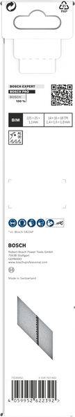 Opakowanie brzeszczotów Bosch z informacjami o produkcie, kodem QR i obrazem metalowego brzeszczotu do wyrzynarki.