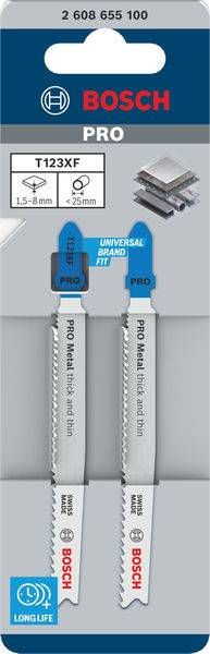 Brzeszczoty do wyrzynarek 'Bosch Pro', model T123XF, odpowiednie do drewna i metalu, opakowanie zawiera dwie sztuki. Projekt opakowania prezentuje symbole metalu i drewna.