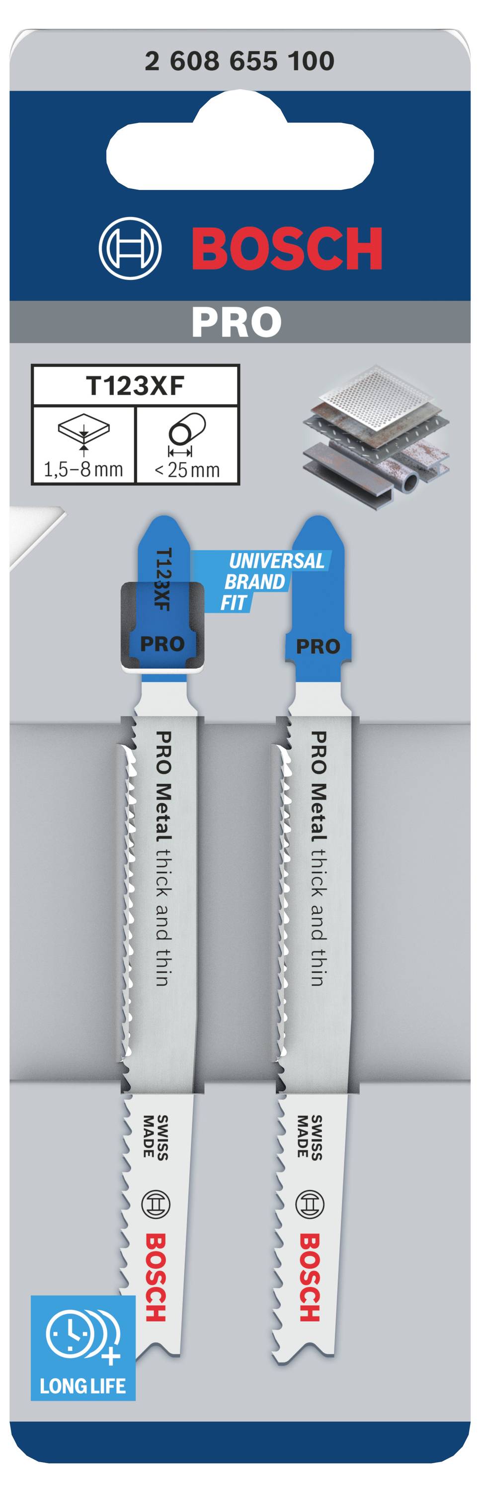 Brzeszczoty Bosch PRO w opakowaniu. Dwa brzeszczoty do metalu i cienkiej blachy. Odpowiednie dla grubości 1,5-8 mm.