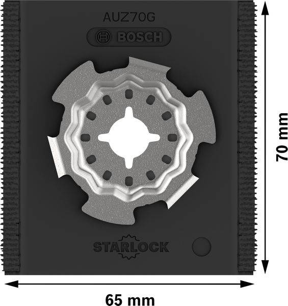 Wielofunkcyjne ostrze piły Bosch, model AUZ70G. Wymiary: 65 mm szerokości, 70 mm wysokości. System mocowania 'Starlock'.