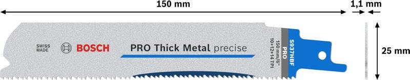 Brzeszczot Bosch Pro Thick Metal Precise, długość 150 mm, grubość 1,1 mm, szerokość 25 mm. Idealny do cięcia grubego metalu.