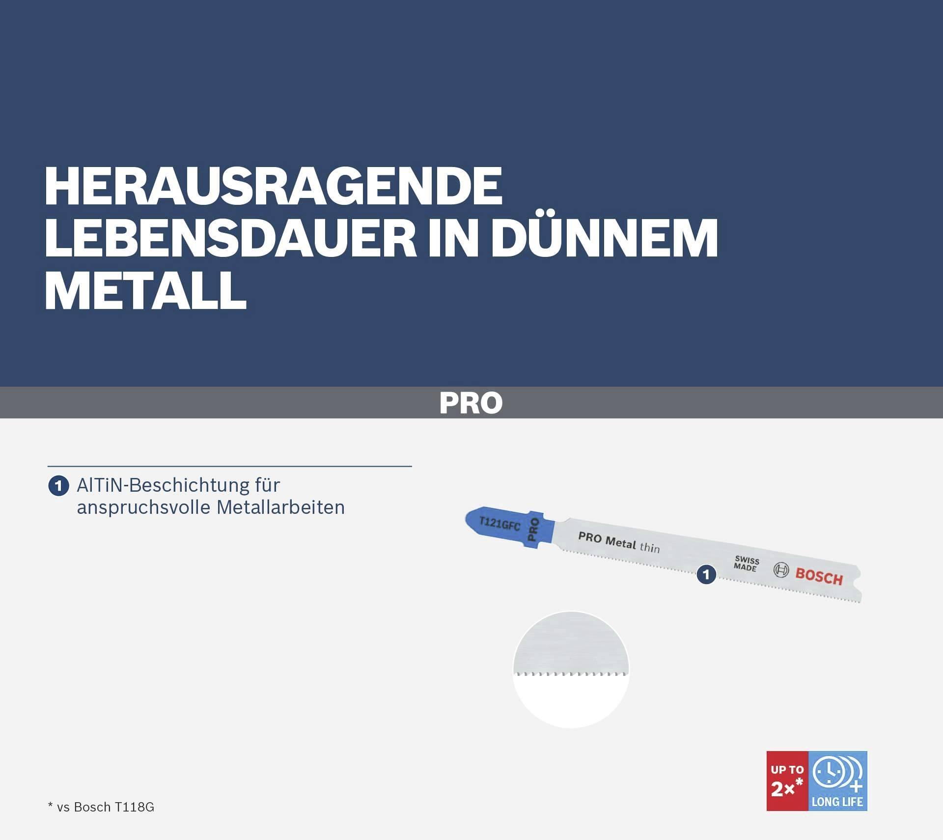 Brzeszczot do wyrzynarki 'PRO' do cienkiego metalu, wysoka trwałość dzięki powłoce AIITN. Odpowiedni do wymagających prac z metalem.