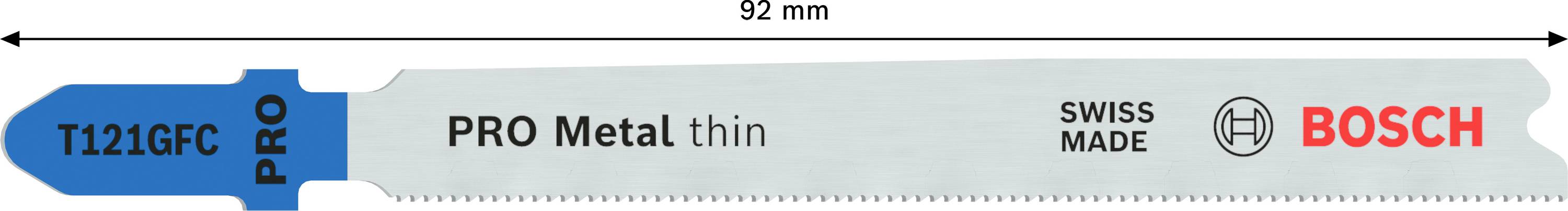 Brzeszczot z napisem 'T121GFC PRO Metal thin', długość 92 mm, marka 'BOSCH', 'Swiss Made', przeznaczony do obróbki metalu.