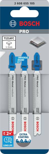 Opakowanie trzech brzeszczotów Bosch do wyrzynarek, przeznaczonych do cięcia metalu i drewna. Oznaczenia wskazują rozmiar i szczegóły powłoki.