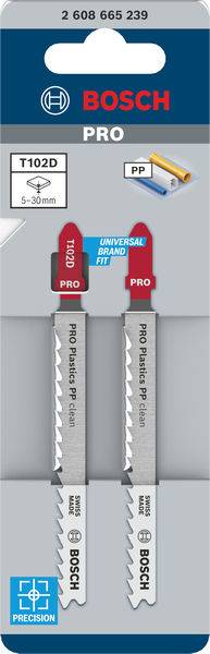 Opakowanie z dwiema brzeszczotami do wyrzynarki Bosch 'T102D PRO', przeznaczonymi do precyzyjnego cięcia polipropylenu (PP), grubość cięcia 5-30 mm.