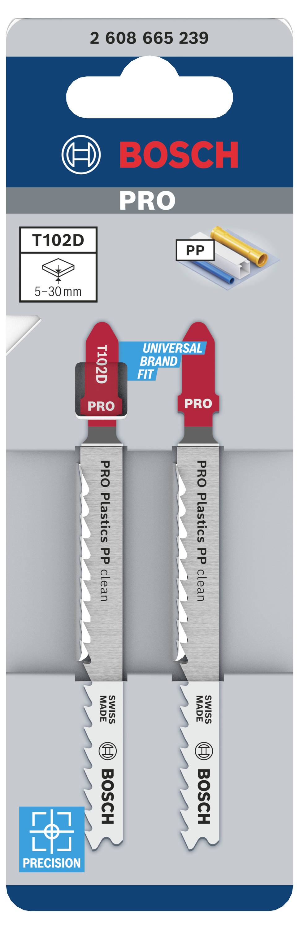 Brzeszczoty Bosch Pro T102D do drewna i tworzyw sztucznych, uniwersalne, głębokość cięcia 5-30 mm, 2 sztuki, precyzyjne.