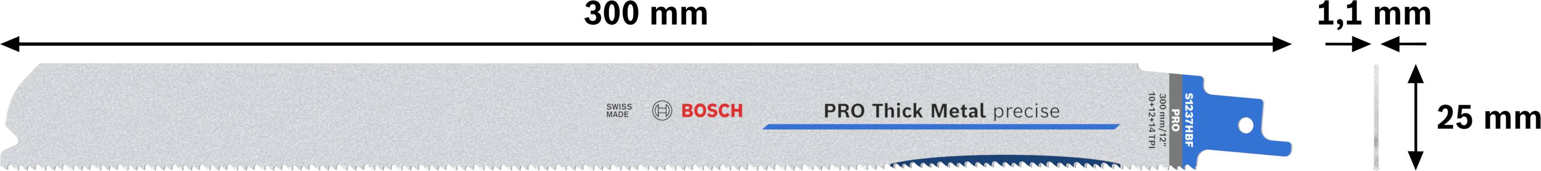 Brzeszczot do piły szablastej o długości 300 mm i wysokości 25 mm, oznaczony 'PRO Thick Metal', przeznaczony do cięcia metalu.