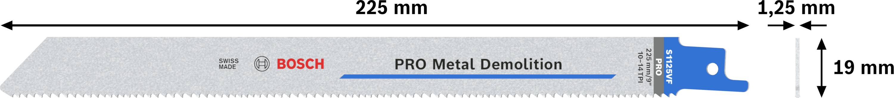Brzeszczot do metalu 'BOSCH PRO Metal Demolition', długość 225 mm, szerokość 19 mm, wysokość zębów 1,25 mm.