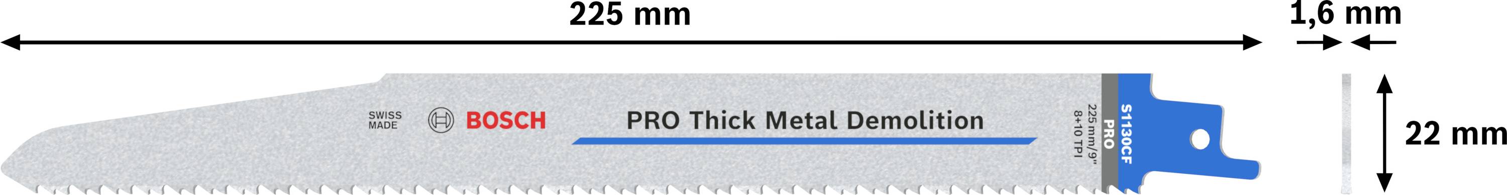 Brzeszczot do piły szablastej do cięcia metalu firmy Bosch, długość 225 mm, szerokość 22 mm, grubość 1,6 mm.