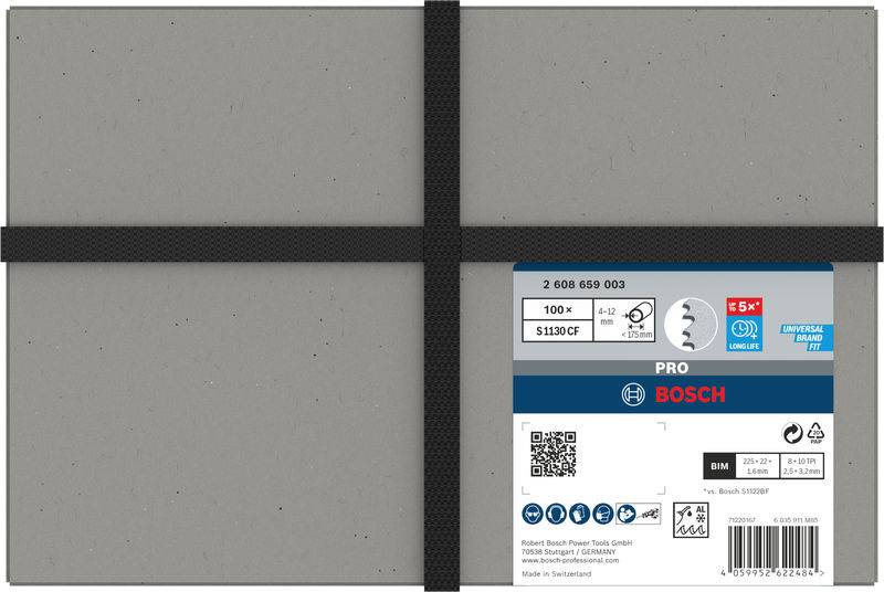 Szara papierowa opakowanie na papier ścierny z czarną wstążką, w prawym dolnym rogu etykieta z logo marki i informacjami o produkcie firmy Bosch.