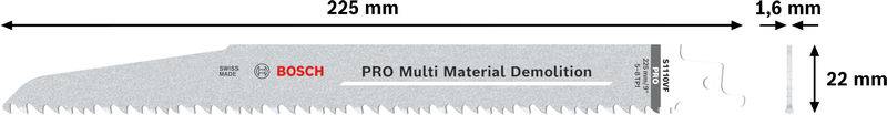 Brzeszczot 'Bosch PRO Multi Material Demolition', długość 225 mm, wysokość 22 mm, grubość 1,6 mm, odpowiedni do prac rozbiórkowych.