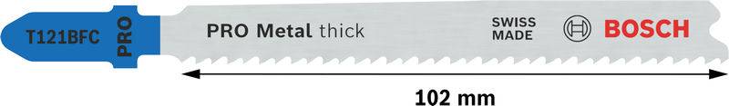 Brzeszczot do metalu, długość 102 mm, do grubych elementów metalowych. Z oznaczeniami 'PRO Metal thick', 'Swiss Made' oraz logo 'Bosch'.