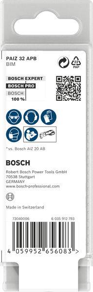Etykieta produktu Bosch z kodem QR, kodem kreskowym i tekstem: 'PAIZ 32 APB BIM', 'BOSCH EXPERT', '100%', wyprodukowany w Szwajcarii.