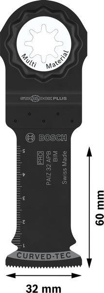 Wielofunkcyjna piła, czarna, 60 mm długości, 32 mm szerokości, odpowiednia do różnych materiałów; oznaczona napisami 'Multi Material' i 'Bosch'.