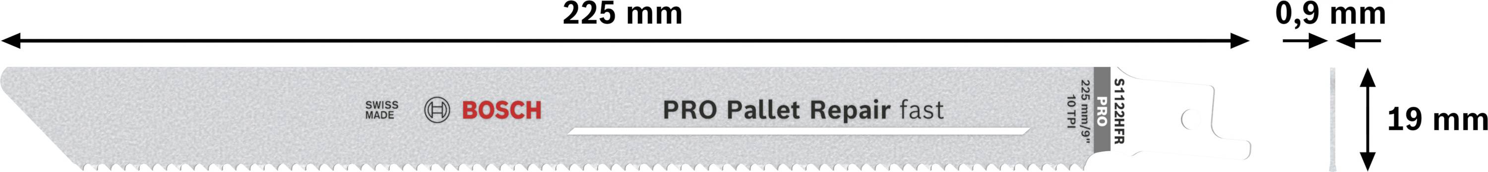 Brzeszczot do piły szablastej, długość 225 mm, szerokość 19 mm, grubość 0,9 mm, marka 'Bosch', model 'PRO Pallet Repair fast', do naprawy palet.