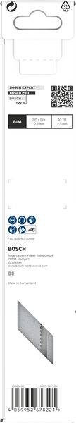Opakowanie brzeszczotu Bosch z specyfikacjami. Nadaje się do cięcia drewna, zawiera 5 sztuk. Dostępny kod QR.