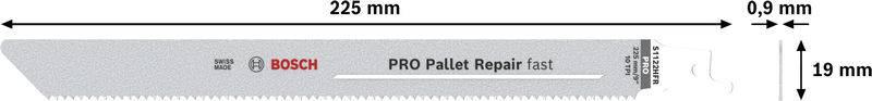 Brzeszczot z napisem 'PRO Pallet Repair fast', długość 225 mm, wysokość 19 mm, grubość 0,9 mm, marka Bosch.