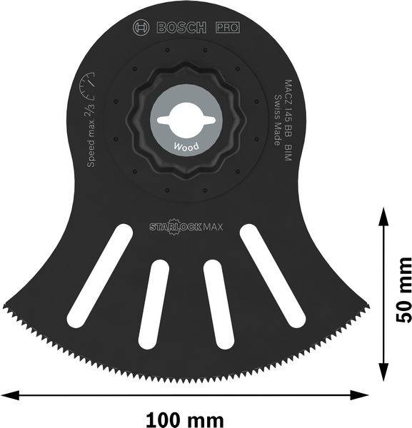 Obraz brzeszczotu Bosch PROFESSIONAL StarlockMAX z uzębieniem. Oznaczenia wskazują szerokość 100 mm i wysokość 50 mm. Odpowiedni do cięcia drewna.