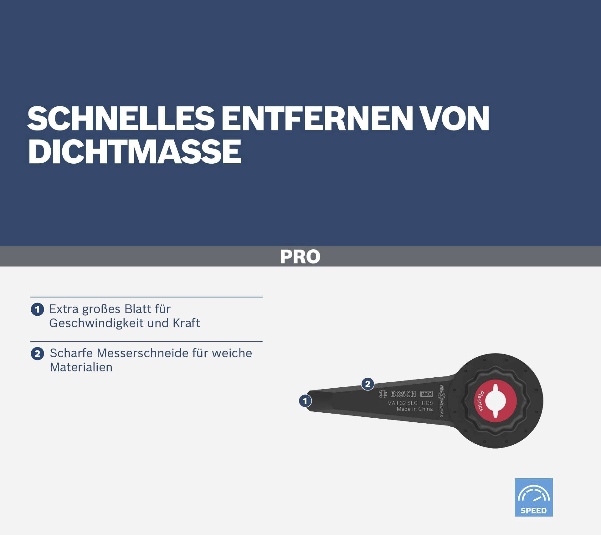 'Szybkie usuwanie masy uszczelniającej' znajduje się u góry. Poniżej są dwa punkty: 1. Bardzo duże ostrze; 2. Ostry nóż z ostrzem.