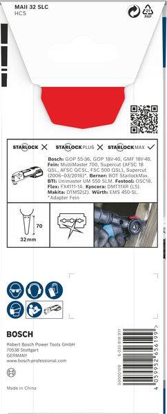 Opakowanie brzeszczotu wielofunkcyjnego Bosch Starlock. Prezentuje szczegóły techniczne, kompatybilność z systemami Starlock oraz kod kreskowy.