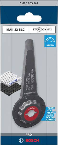 "Bosch MAII 32 SLC StarlockMax brzeszczot do tworzyw sztucznych." Opakowanie z ilustracją brzeszczotu. Odpowiedni do różnych marek maszyn.