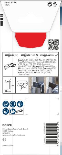 Opakowanie brzeszczotu wielofunkcyjnego Bosch, model MAII 32 SC, prezentuje zakresy zastosowań i kompatybilne urządzenia. Zawiera symbole techniczne.