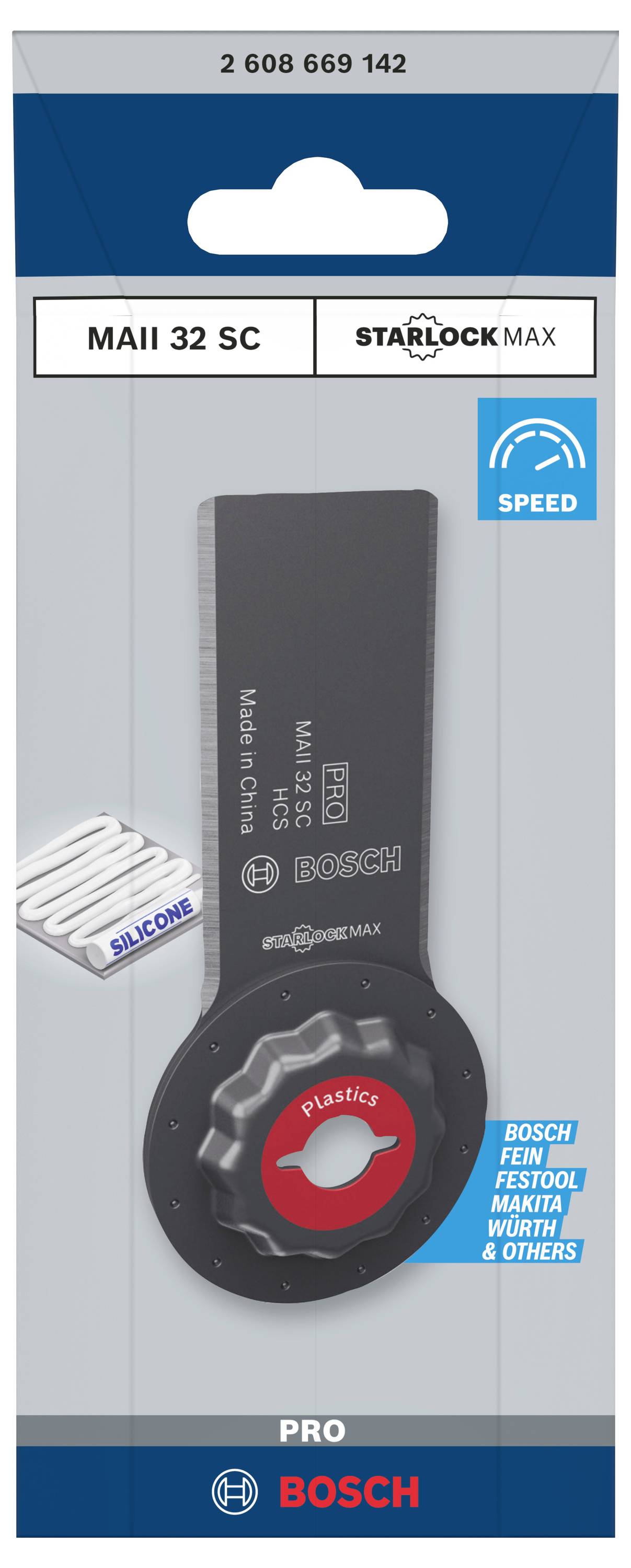 Multitool-brzeszczot Makita z systemem StarlockMax, do obróbki tworzyw sztucznych, kompatybilny z Bosch, Fein, Festool. Zawiera silikon.