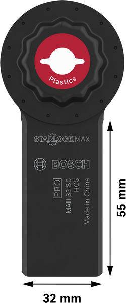 Czarne ostrze Bosch Starlock Max w kolorze czarnym z czerwonym kółkiem, oznaczone napisem 'Plastics'. Wymiary: 55 mm x 32 mm.