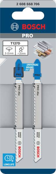 Zestaw 2 brzeszczotów do wyrzynarek 'Bosch PRO', model 'T127D'. Odpowiednie do materiałów o grubości 3-15mm, rozstaw zębów 25mm. Precyzyjne dopasowanie marki.