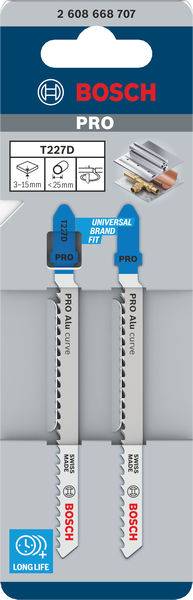 'Brzeszczoty Bosch Pro T227D, odpowiednie do aluminium, 3-15 mm, długa żywotność, dwie sztuki w opakowaniu, uniwersalne mocowanie.'