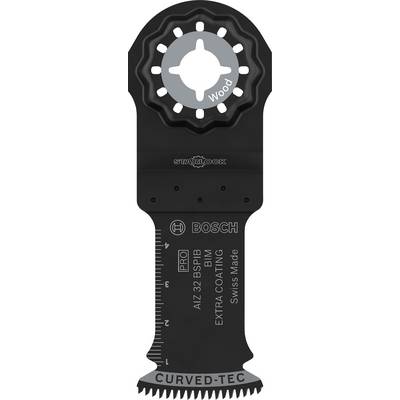 Brzeszczot Bosch do drewna, mocowanie Starlock, z podziałką centymetrową oraz napisami 'EXTRA COATING' i 'CURVED-TEC'.