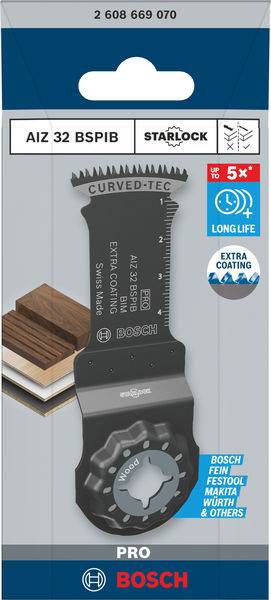Opakowanie brzeszczotu Bosch Starlock z technologią Curved-Tec, przeznaczonego do cięcia drewna i metalu. Prezentuje warstwy drewna i szczegóły produktu.