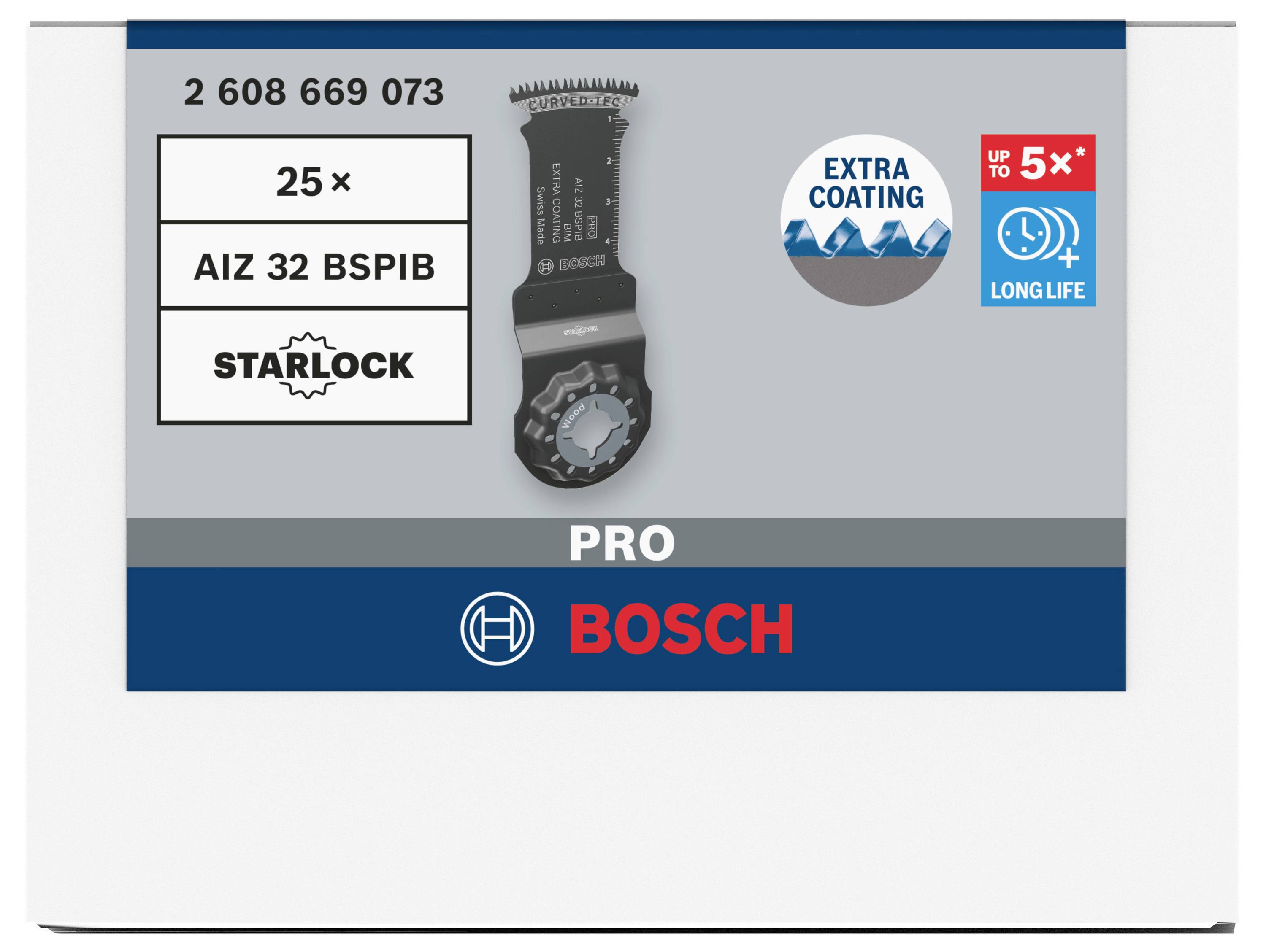 Pakiet 'Bosch' PRO: 25× brzeszczoty AIZ 32 BSPB Starlock, dodatkowa powłoka zapewniająca do 5 razy dłuższą żywotność.