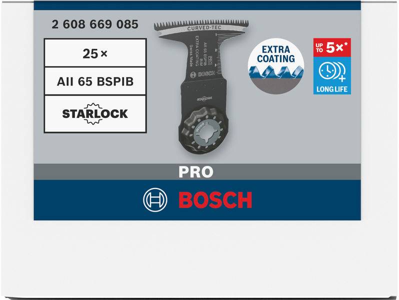 Brzeszczot Bosch Starlock o oznaczeniu '25× AII 65 BSPIB', oznaczony jako 'PRO'. Posiada specjalną powłokę gwarantującą długotrwałość.