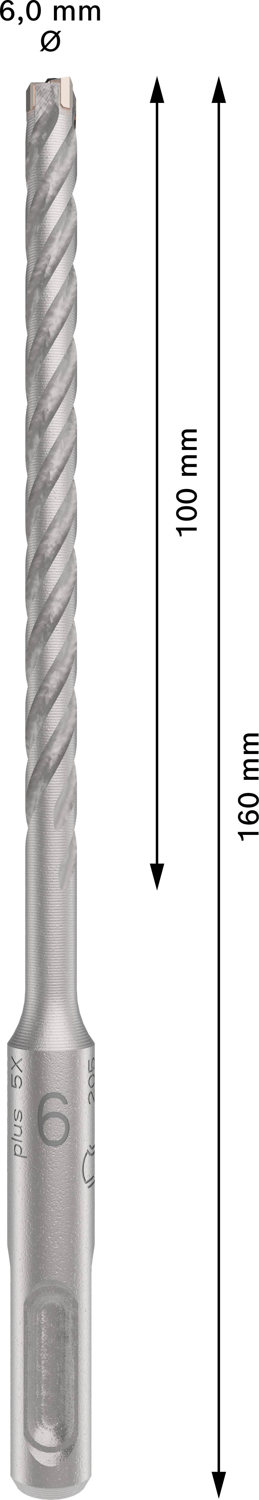 Wiertło ze stali, średnica 6,0 mm, długość całkowita 160 mm, długość robocza 100 mm, odpowiednie do wiercenia w kamieniu i betonie.