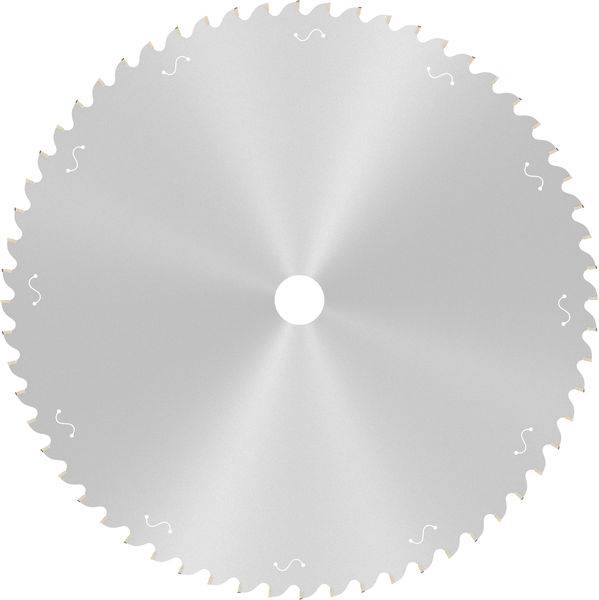 Okrągła piła tarczowa z ostrymi zębami na krawędzi, stosowana do obróbki drewna lub metalu. Płaski design i srebrny kolor.