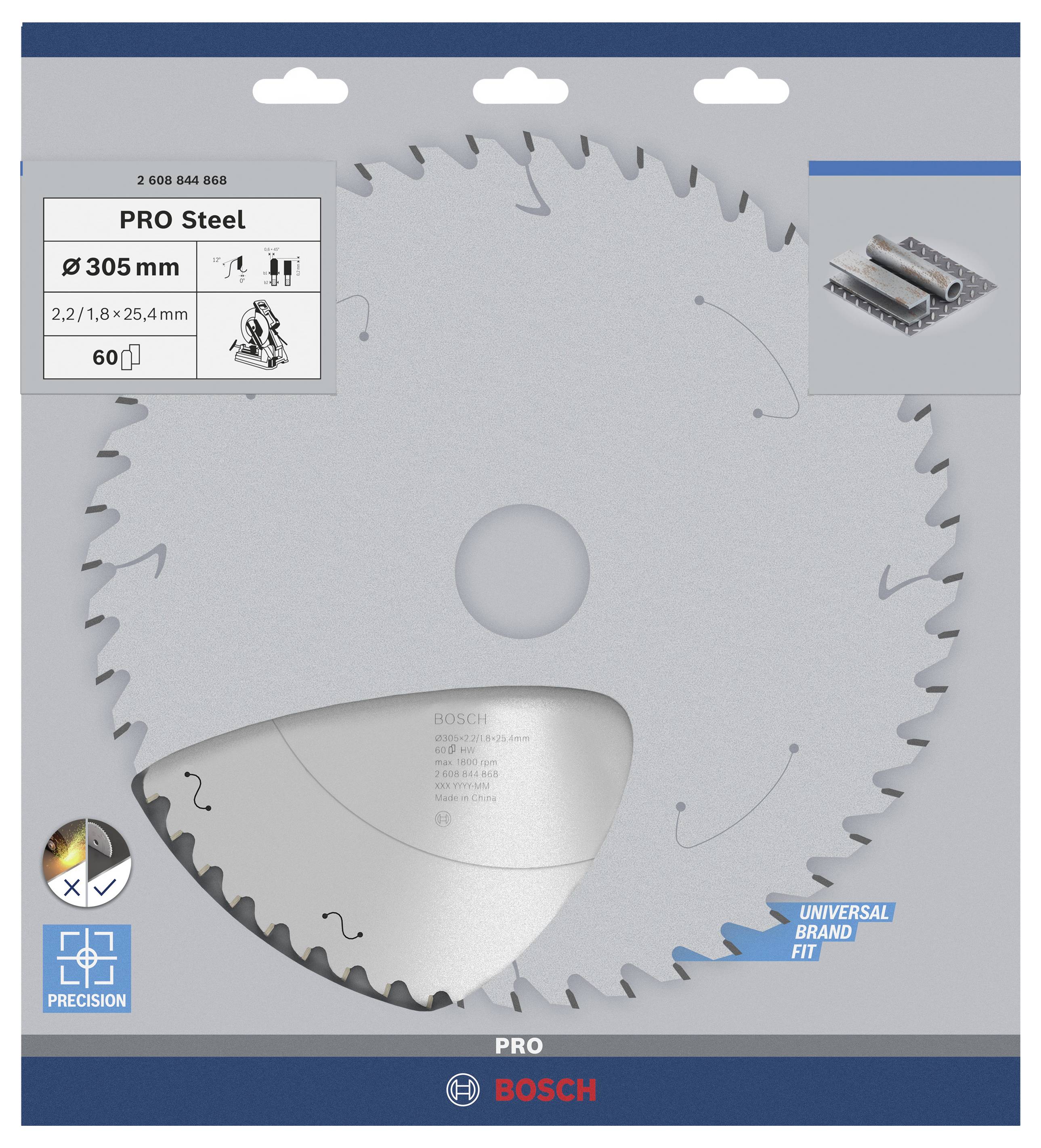 Tarcza pilarska Bosch do stali, średnica 305 mm, 60 zębów, kompatybilna z różnymi markami.