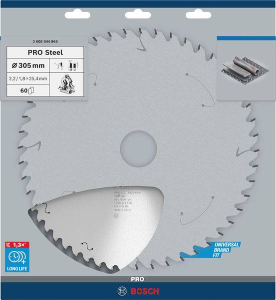 Tarcza piły do metalu, średnica 305 mm, 60 zębów, oznaczona jako wytrzymała i odpowiednia do maszyn uniwersalnych.