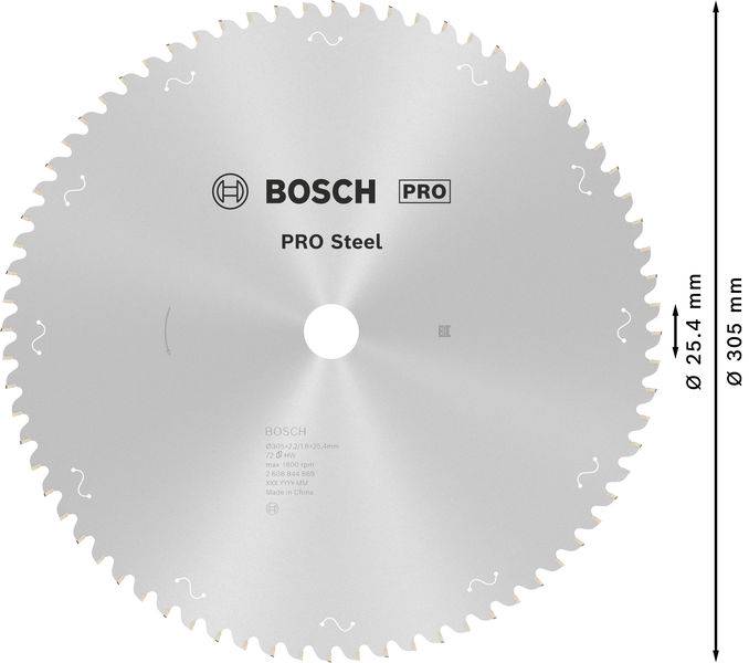 Tarcza piły Bosch PRO Steel, średnica 305 mm, otwór 25,4 mm, odpowiednia do obróbki stali.
