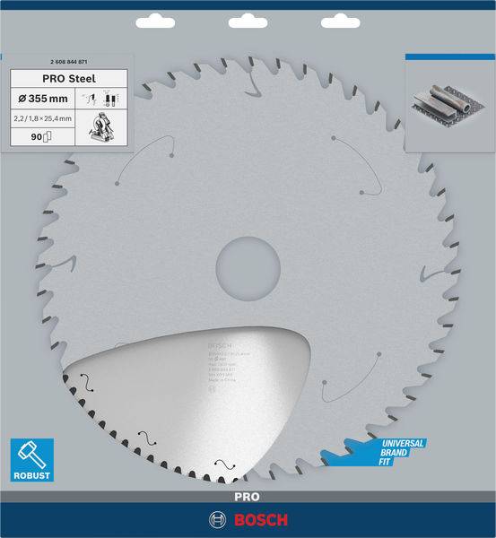 Tarcza piły tarczowej w opakowaniu, odpowiednia do cięcia stali. Średnica: 355 mm, grubość: 2,3/1,8 mm, liczba zębów: 90, marka: Bosch.
