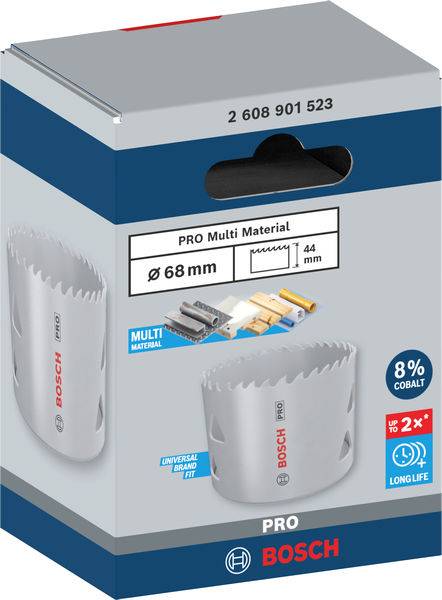 Piła otwornica Bosch serii 'Pro Multi Material' o średnicy 68 mm, głębokości 44 mm, z 8% zawartością kobaltu, przeznaczona do różnych materiałów.