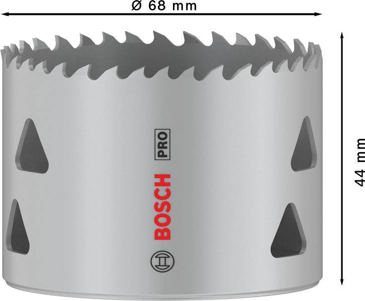 Metalowa korona piły o średnicy 68 mm i wysokości 44 mm, w kolorze srebrnym z logo Bosch Pro.