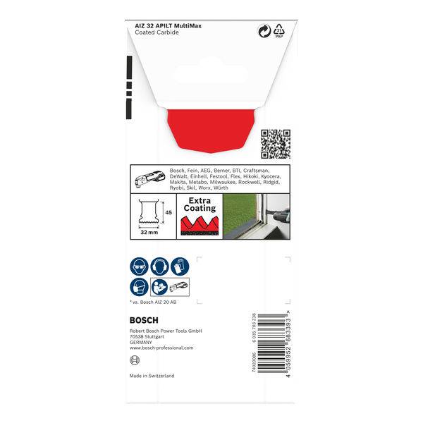 Opakowanie 'Bosch AIZ 32 APT1 MultiMax' z informacjami o produkcie, kodem QR, symbolami i adresem producenta.